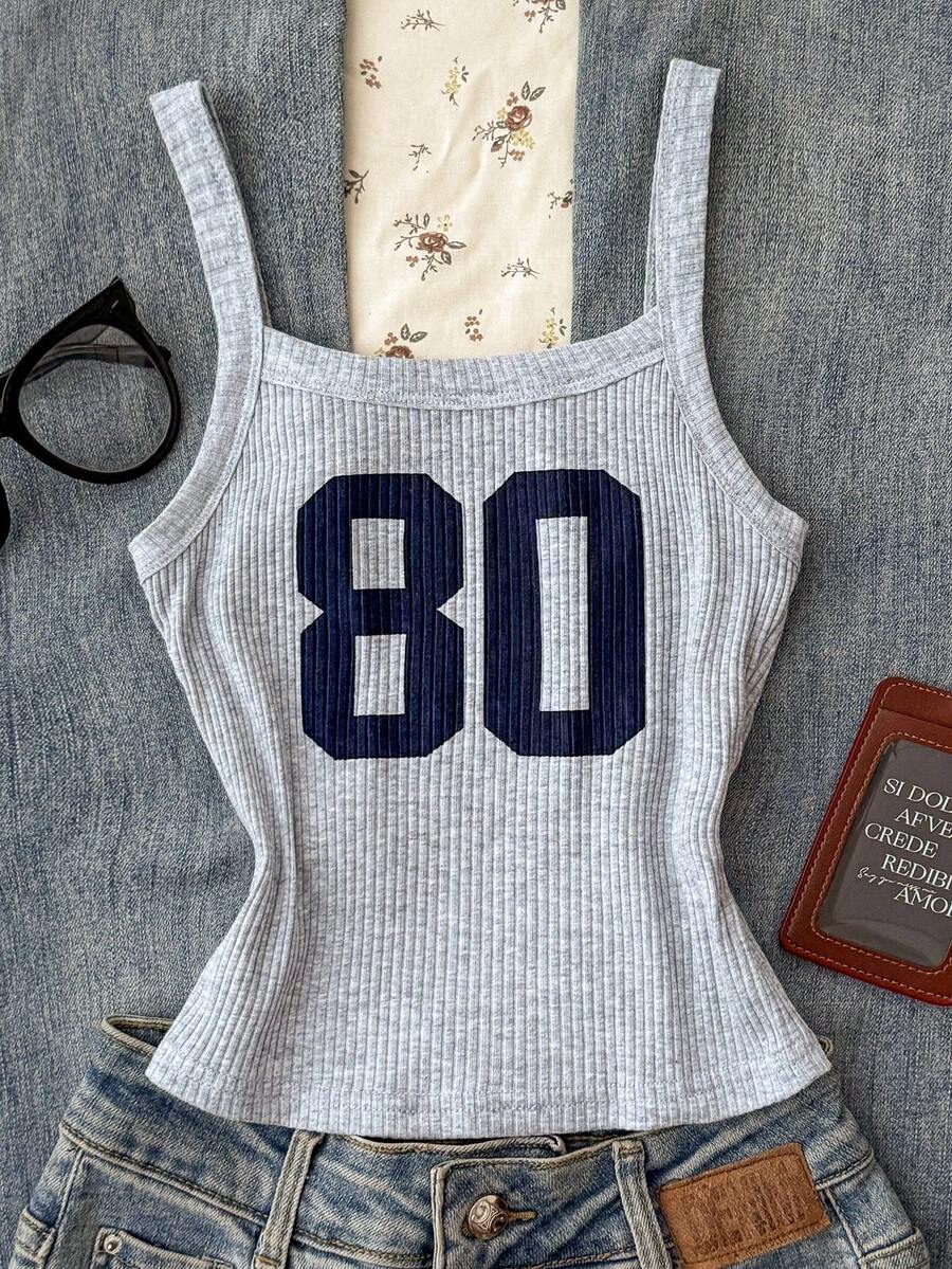 Tween Girls Floral Grey Camisole Knit Cropped Numeric Print Tank Top - Grey - View 1