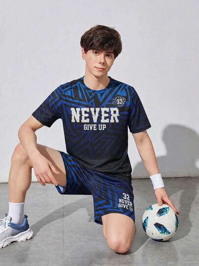 SHEIN 2pcs/Set Teen Boys' Casual Football Graphic Round Neck Short Sleeve T-Shirt And Shorts Sports Outfit, Spring/Summer Summer Y2k Vacation Goth Gothic Streetwear Sumwon Burgundy Holiday Vintage Boho Festival Mardi Gras Party Cute Birthday Boys Modest Home Casual Cozy