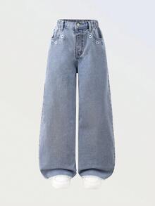 SHEIN ChillGRL Tween GirlsGrey Fashionable Casual Rhinestone Embellished Loose Wide-Leg Washed Denim Jeans - Light Wash - View 3
