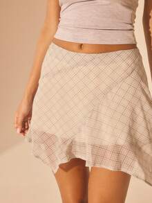 Aralina 秋/春季不对称拼接格纹印花飘逸迷你裙，适合外出派对、返校节、毕业典礼和新年等场合。 - 彩色 - 查看 2