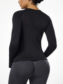 Seamluxe SHEIN Sport Áo thun thể thao tay dài cổ tròn, dáng ôm, màu trơn, kiểu dáng thường ngày - màu đen - Xem 2
