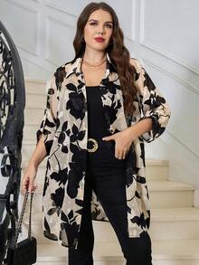 Reflora 大码优雅通勤印花卷袖衬衫，情人节海滩生日外出夏季假日度假新年除夕春季女士优雅上衣 - 彩色 - 查看 8