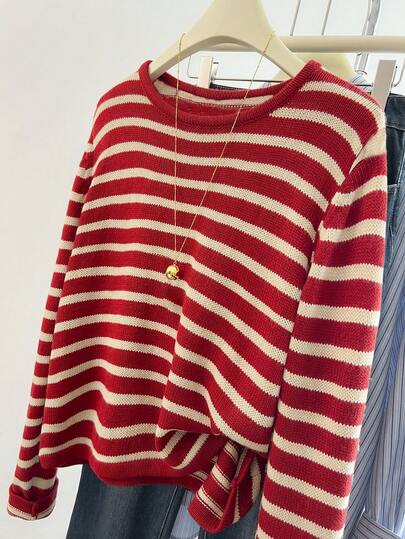 EMERY ROSE Plusstorlek Dam Randig Mönster Rund Halsringning Casual Långärmad Stickad Tröja