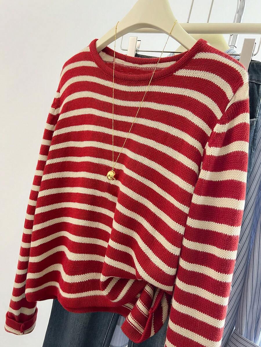 EMERY ROSE 大码女式条纹印花圆领休闲长袖针织衫 - 紅色 - 查看 1