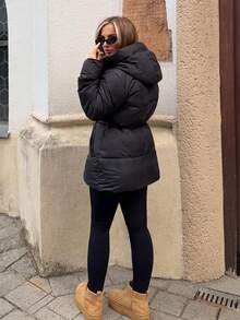 Jeta Ari 时尚休闲可调节腰部绗缝连帽加厚棉服外套冬季 - 黑色 - 查看 2