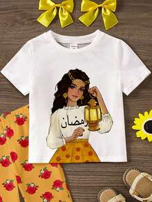2pcs Tween Girls' Casual Cartoon Print Short Sleeve Top And Pants Set, Suitable For Summer - Multicolor - View 3