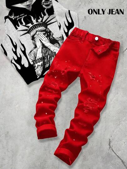 SHEIN Jeans negros pitillo con efecto salpicadura de pintura para niño