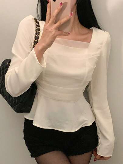 DAZY Women's Fashion Casual Square Neck Pleated Long Sleeve Blouse