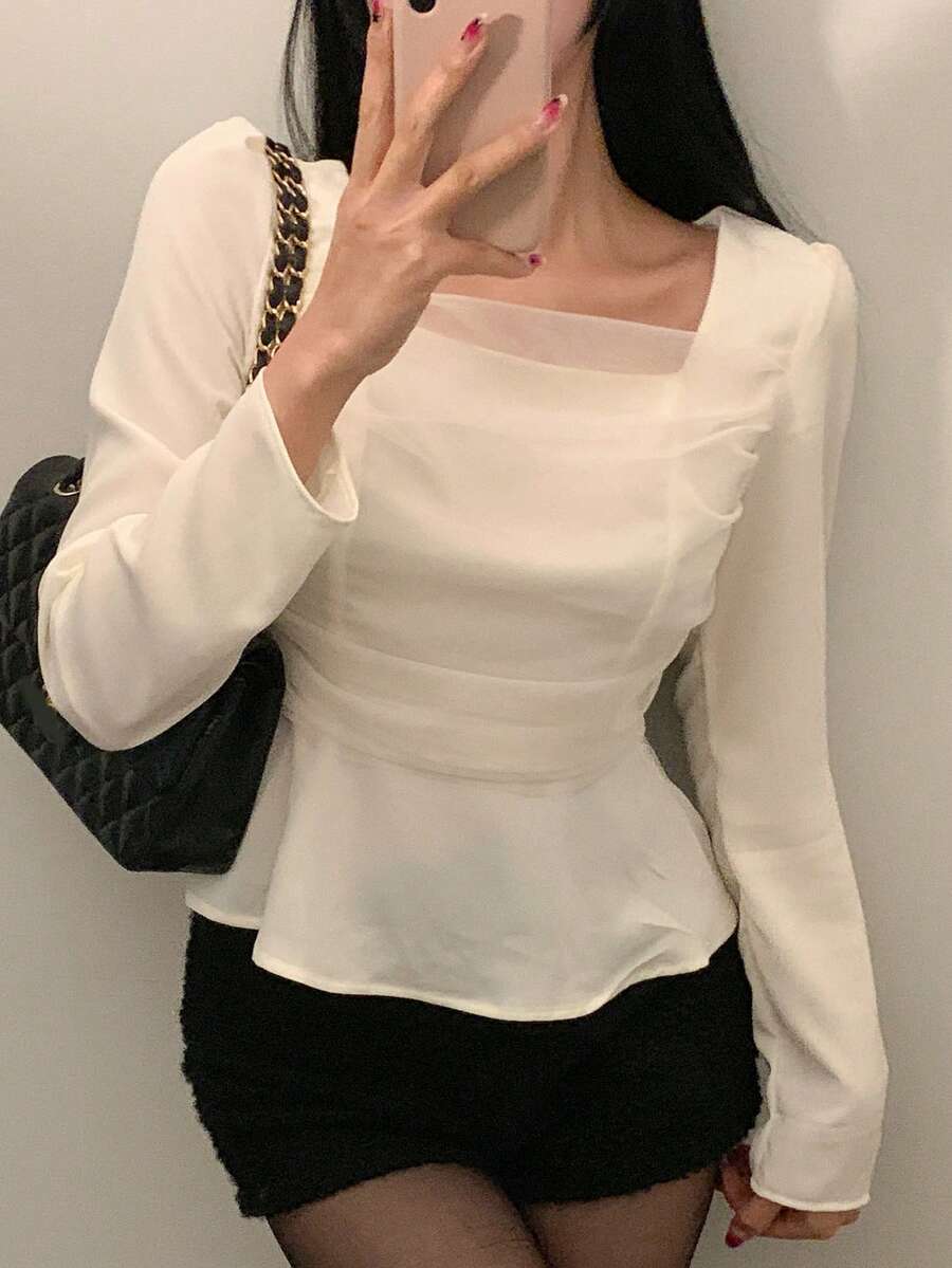 DAZY 女士时尚休闲方领褶皱长袖衬衫娃娃衫 - 白色 - 查看 1