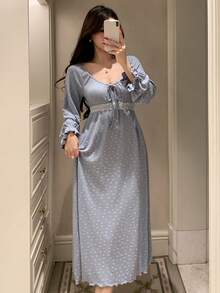 DAZY French Pleated Tie Collar Floral Lace Trim Waist Cinched Long Women Nightgown - Blue - View 4