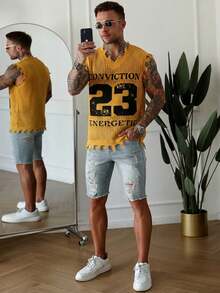 Manfinity LEGND 男士V领流苏时尚23提花镂空针织背心 - 黃色 - 查看 3