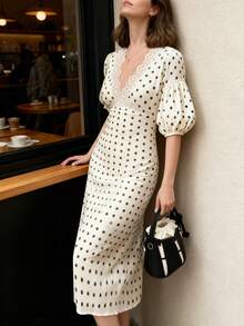 INAWLY Women's Polka Dot Print Contrast Lace Deep V Puff Sleeve Fitted Elegant Dress - Apricot - View 5