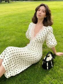 INAWLY Women's Polka Dot Print Contrast Lace Deep V Puff Sleeve Fitted Elegant Dress - Apricot - View 6