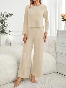 女士纯色罗纹针织圆领长袖上衣和裤子睡衣套装 - 杏色 - 查看 4