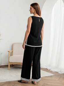 Easowa Women's Boat Neck Patchwork Ruffle Trim Sleeveless Blouse And Pants Elegant 2 Pieces Set Vacation Outfits Women,Casual Clothes Top And Pants Set Black Two Piece Set Women Blouse And Pants Set Two Piece Set Women 2 Piece Casual Sets Woman Two Piece Set Women Comfy - Black - View 3