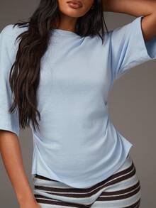 Athîral Áo thun nữ màu xanh dương kiểu dáng thường ngày, chất liệu vải dệt kim mềm mại, thoải mái, co giãn, dáng ôm sát, thích hợp cho kỳ nghỉ, du lịch, áo mặc thường ngày cho nữ, áo đi chơi, đi biển, mùa xuân, mùa hè. - Màu xanh nhạt - Xem 2