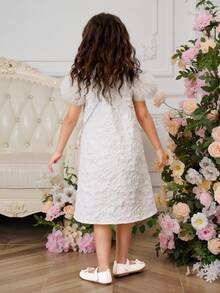 Vestito da principessa per bambine e ragazze, nuova versione coreana per l'estate, in tessuto jacquard con piccolo colletto, decorato con diamanti, maniche a balze e design in rete, linea ad A. Borsa a tracolla diagonale con fiocco, color albicocca, semplice ed elegante, adatto per feste di compleanno e occasioni di lusso. - Cachi - Visualizzare 2