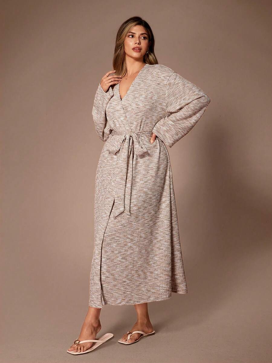 Lazeform Women's Long Sleeve Soft Jacquard Knit Belted Casual Robe, Autumn/Winter Gown And Robe Set Curve Robe - Khaki - View 1
