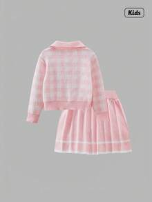 Sweetra Young Girl Autumn/Winter Casual Commuting School Style Rabbit Embroidery Gingham Pattern V-Neck Sweater And Pleated Skirt Set Fall - Pink - View 2