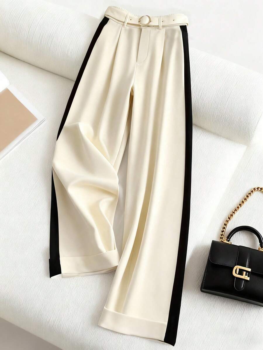 Chiquease 女士休闲日常办公通勤撞色侧缝搭扣腰带阔腿裤 - 杏色 - 查看 1