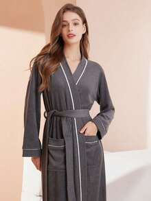 1件华夫格白色浴袍，成人男女通用浴袍，春夏浴袍，家居浴袍，吸水性强，速干，宽松版型，浴室用品，家居用品 - 深灰色 - 查看 6