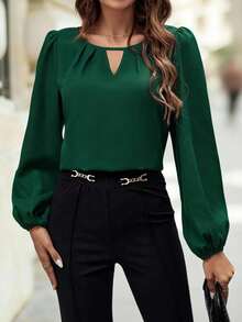 Editum 女士简约通勤纯色钥匙孔领灯笼袖衬衫，秋冬女装 - 綠色 - 查看 7