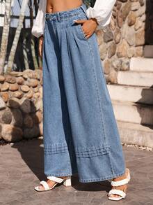 Breezaya Women's Casual Vacation & Commute Solid Color Pleated Loose Wide-Leg Jeans - Light Wash - View 5