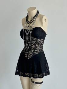 SHEIN DivaQ 黑色蕾丝花卉性感抹胸露背透视短款连衣裙，适合春夏秋季穿着。 - 黑色 - 查看 5