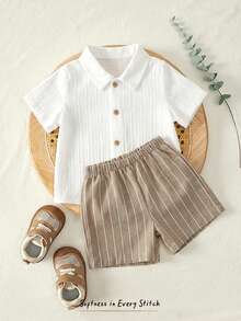 Cozy Pixies 2pcs Baby Boy Striped Collar Short Sleeve Cardigan Top And Solid Color Elastic Waist Shorts Set,Kids - Multicolor - View 3
