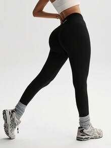 Dewbera 1pc Women's Black Printed Tight Leggings, Seamless Knit High Stretch Comfortable Yoga Fitness Sports Pants, Autumn/Winter