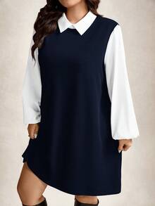 Zelara 大码女装秋冬格子图案撞色袖衬衫领长袖休闲连衣裙感恩节服装节日派对连衣裙女式派对连衣裙 - 藏蓝色 - 查看 3