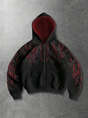 Street Life Men's Gothic Pattern Zip-Up Hoodie, Casual Daily Wear, Long Sleeve Sweatshirt For Autumn/Winter