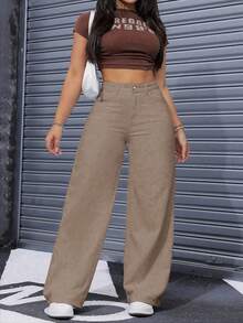 SHEIN ICON Plus Size Solid Color Slant Pocket Casual Versatile Wide Leg Jeans - Khaki - View 6
