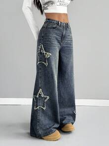 SHEIN Thời trang nữ tuổi teen phong cách thường ngày Y2K vintage cá tính đường phố, trở lại trường học, đại học, quần jeans ống rộng dáng suông với tua rua và họa tiết ngôi sao, chất liệu denim xanh mềm mại, thích hợp mặc hàng ngày mùa đông và mùa thu, dự tiệc rave và thời trang đường phố. - Rửa tối - Xem 3