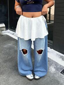 SHEIN ICON Plus Size Women's Loose Wide-Leg Distressed American Streetwear Baggy Jeans - Blue - View 1