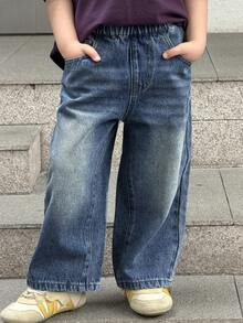 DAZY Young Boy Pocketed Button Casual Versatile Daily Wear Wide Leg Jeans - Blue - View 4