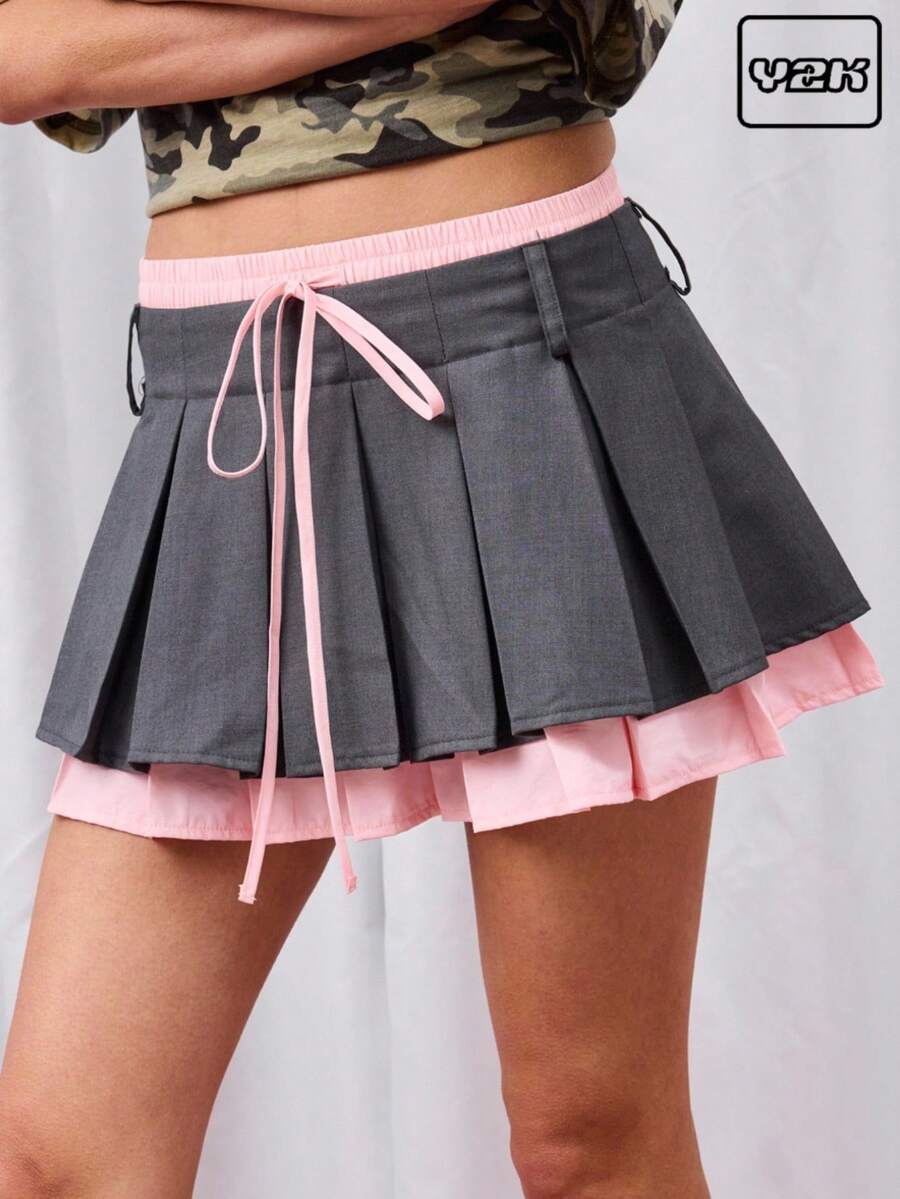 COUREZ Double Layer Pleated Mini Skirt Y2K Vacation Going Out Cute Sexy Back To School - Multicolor - View 1