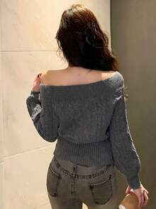 DAZY Women's Elegant Cropped Off-Shoulder Cable Knit Sweater