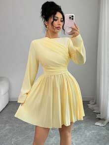 Modelyn French Design Pleated Cinched Waist Short Dress - Light Yellow - View 1