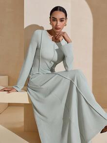 Graceveil Fitted Casual Waist Cinched Bodycon Long Sleeve Arabic Style Dress For Women - Green - View 7