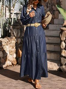 SHEIN Tall Women's Long Sleeve Single-Breasted Pocket Casual Denim Shirt Dress - Blue - View 7