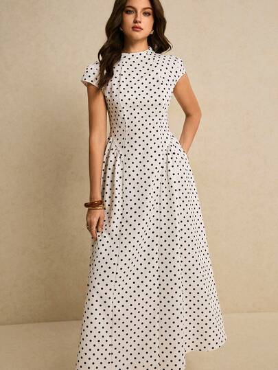 Poéselle Women's Elegant Summer White With Black Polka Dots Long Dress Tea Party Garden Party Wedding Guest Dress Vintage Dolman Sleeves Valentine's Day