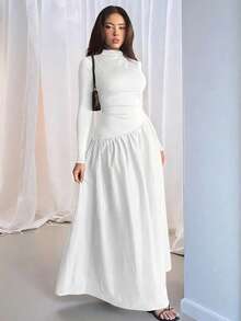 Firerie 女士优雅纯黑色提花针织拼接修身长款连衣裙，适合春、秋、冬三季穿着，高领长袖中长连衣裙，适合通勤/度假/海滩/浪漫约会/情人节/音乐会/演出/婚礼/返校/教师节/下午茶聚会等场合。 - 白色 - 查看 3