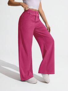 Flexra Plus Size Women Casual Elastic Waist Loose Wide Leg Jeans - Hot Pink - View 6