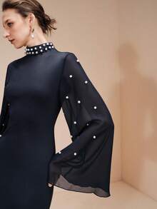 Arave Robe élégante pour sortie en soirée avec manches raglan en tricot et mousseline, taille cintrée, col montant orné de perles, manches évasées, patchwork de design