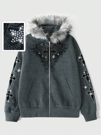 Street Life Felpa con cappuccio da uomo con inserti in pelliccia sintetica, decorata con strass e zip