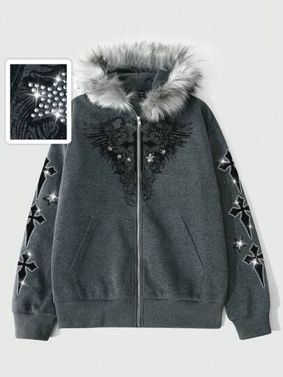 Street Life بلوزة هوديي طويلة الأكمام مزينة بالفرو الصناعي والرينستون والسحاب