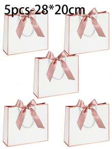 1/5pcs-Landscape-Style Kraft Paper Gift Bags, Shopping Bags, Packaging Bags With Handles, Bow-Decorated Handbags, Trick Or Treat, Halloween, White Large-Capacity Paper Bags, Halloween, Thanksgiving, Christmas, New Year, Wedding, Birthday Gift Packaging Bags - White pink - View 9