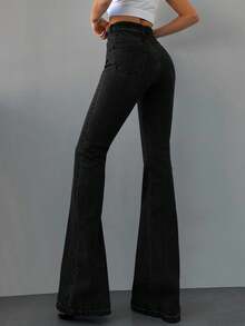 SHEIN 98%纯棉高腰修身喇叭牛仔裤（加长款） - 黑色 - 查看 2