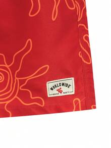 Manfinity Swimmode 男士全印花斜插口袋抽绳腰沙滩短裤 - 紅色 - 查看 6